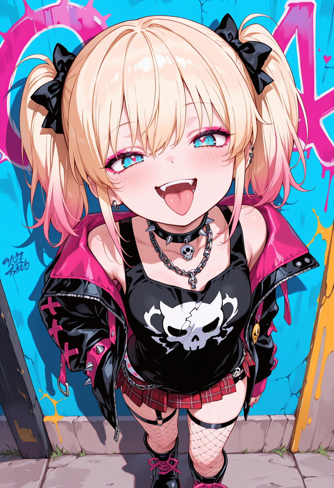 (masterpiece:1.3), 8K, best quality, ultra high resolution, (1 mesugaki girl), An anime girl with a mischievous expression and tongue out, standing in front of a grungy, graffiti-covered wall, She has short blonde hair with turquoise blue tips, bright neon blue eyes with detailed reflections, and wearing black eyeliner and pink eyeshadow, She wears a black crop top with white skull print, a short red plaid skirt, fishnet stockings, and black boots, She also has layered punk necklaces with spikes and chains, and a spiked choker, The background is filled with colorful graffiti in pink, yellow, blue, and white, creating a rebellious, edgy atmosphere, High detail, vibrant colors, ultra-detailed anime illustration, dynamic perspective from above, mesugaki, teasing smile, smug expression, confident pose, from front, (print panties:1.3),