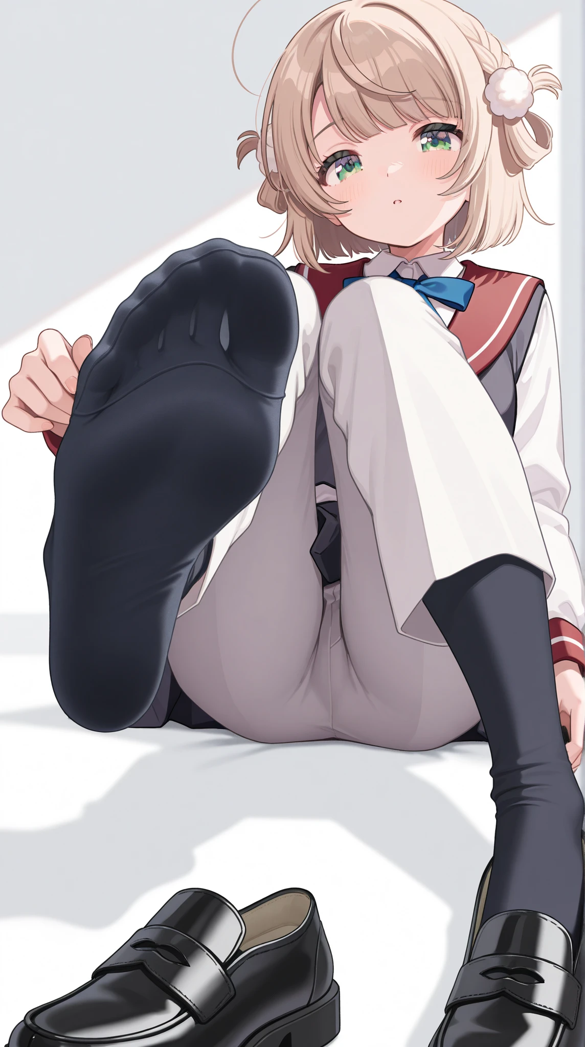 indoor,((classroom)),,Focus from below, 1girl,Green Eyes, Grey Hair, hair ornaments, bangs, Virtual YouTuber, blunt bangs, Double Bang, Animal ears, Flat Chest,uniform,Navy Blue Blazer,White shirt,Pink ribbon,Grey Skirt,Pink Panties,barefoot,Hold the penis between the soles of your feet,1boy, penis,footjob