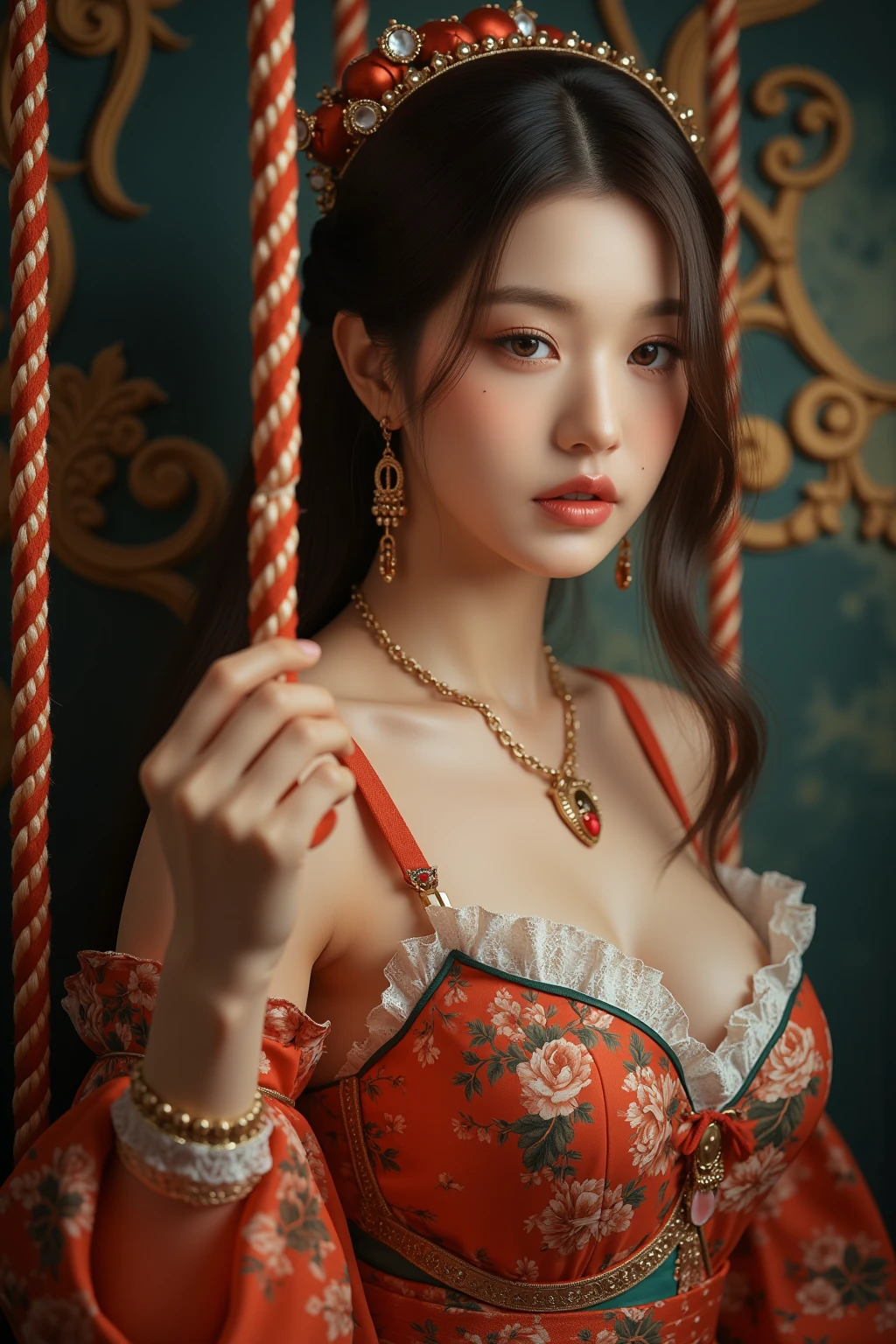 ,[exotic::.2] mongolian girl, sitting on a table, Dark luscious hair, , (heavy eyeshadow), slender, (collar, teardrop earrings:1), jewelry, red Spanish dress with frills, black lace, flower, fantasy art, concept art, highly detailed, high quality, 8k, delicate features, feminine, seductive, warm soft lighting, (style of howard chandler christy:1.0), (art by jean-joseph benjamin-constant:1.3)
