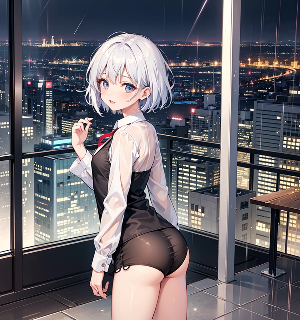 A girl stands on the rooftop of a high-rise building with a panoramic view of late-night Tokyo below.、She has a short bob with a white lob of hair and wears a large black witch hat with sapphire jewelry.、A high school student wearing a navy blue separate swimsuit with a white ribbon、She wears a large witch&#39;s hat with a small sapphire accessory、A few star creams、Beautiful starry sky、Beautiful night view、large witch's hat 、Navy blue bikini pants that dig into your stomach、Small breasts、Small breasts、Navy blue swimsuit top with white frills