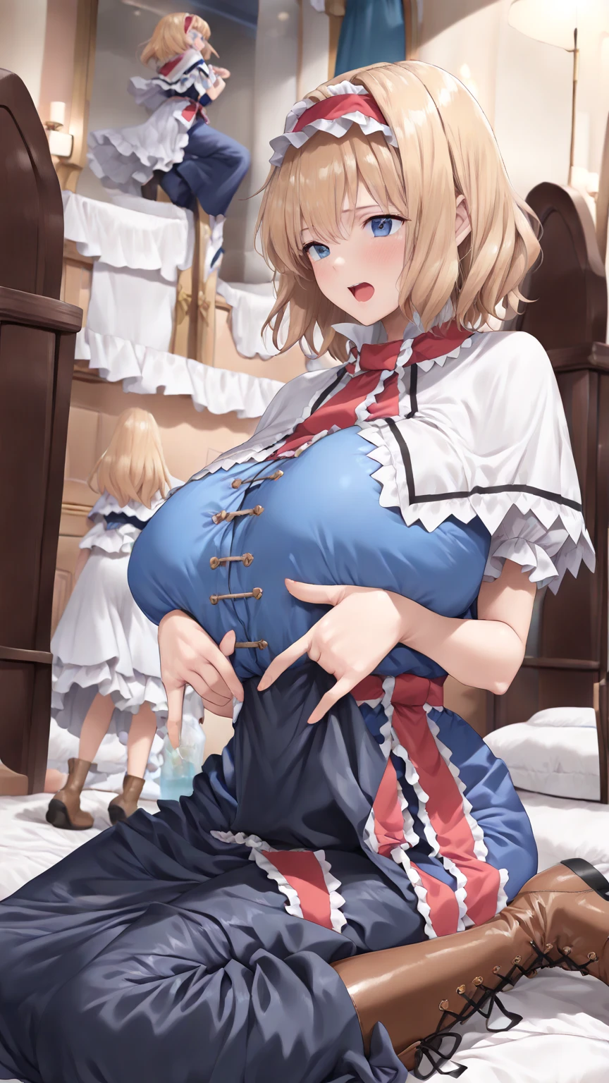 Violet Evergarden，(((light blue greek dress)))，((((huge boob))))，(((Blonde hair)))，(((blue color eyes)))，(((light  smile)))，(((breastfeeding a baby)))