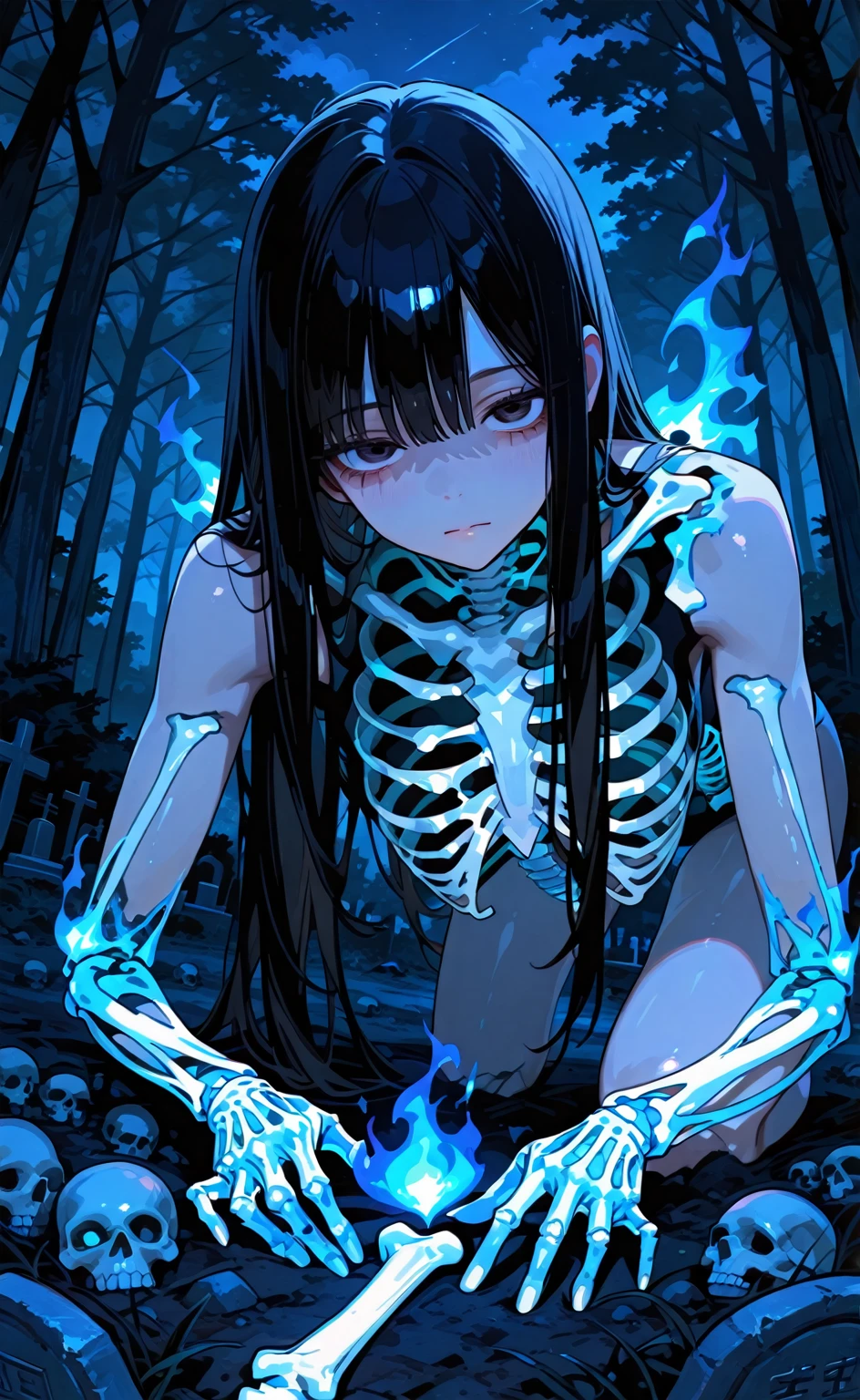 <lora:skeleleo2-10:0.6>, (skeleton leotard), from side, night, looking at viewer, dark-skinned female, wavy hair