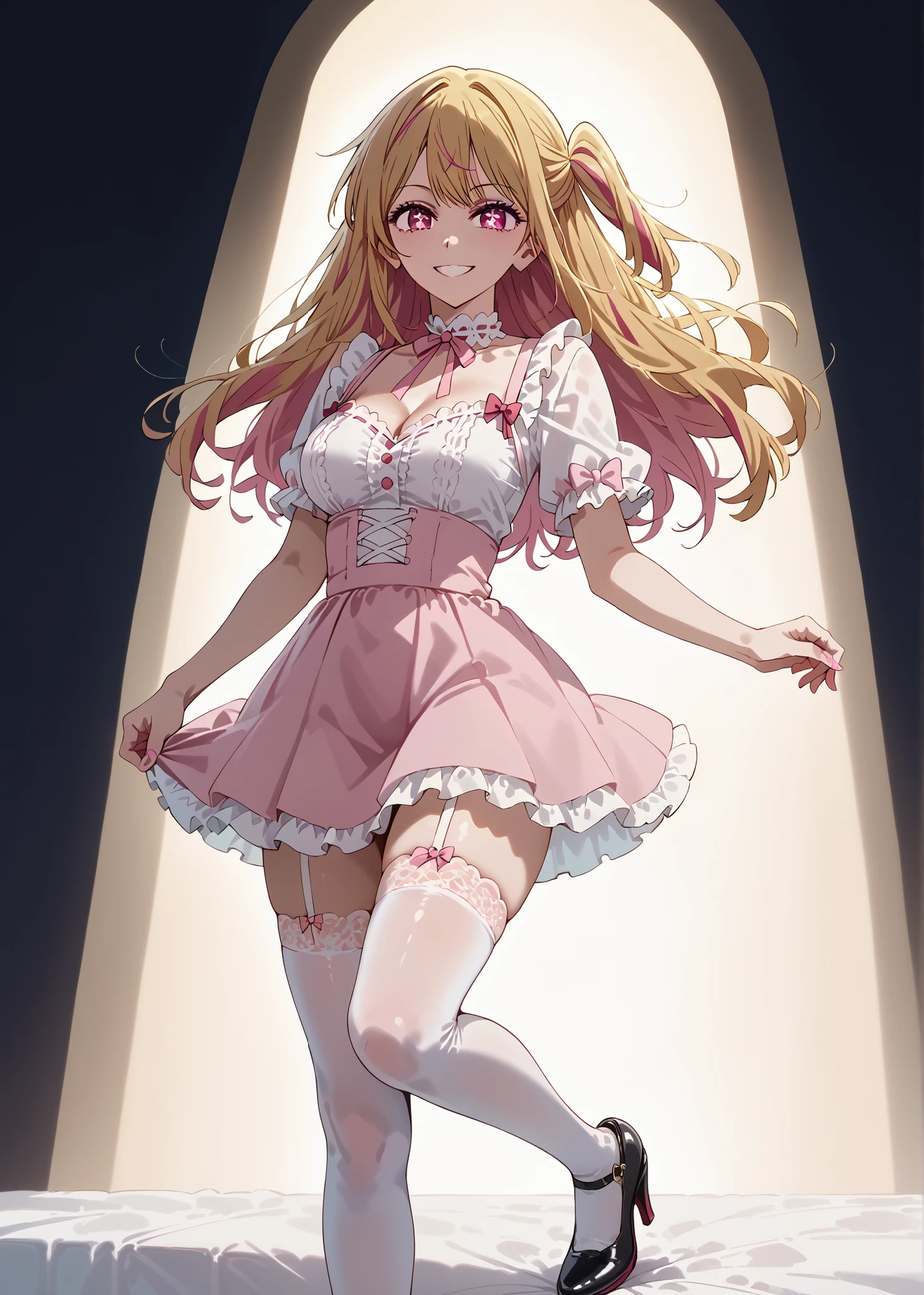 round image,(masterpiece:1.3), (the best quality:1.2), (super fine illustrations:1.2), (Masterpiece), high quality, high detail,(SOLO:1.4),((round image)),[(white background:1.1)::5],[(pink color scheme:1):5],[(game character portrait:1.2):5], (reference sheet), {1 girl},{solo},(((full body))),{{{only five fingers}}},((platinum blonde))long hair ,long hair,whole body, white thighhighs,look at viewer, from above, gray blue eyes, bear girl, bear ears, pink short dress, strawberry, hair ornament, strawberry choker, red footwear, smile, open mouth, one fang, large breasts, cleavage