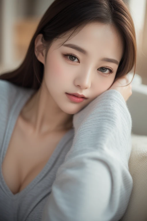 Highest Quality, masterpiece, unbelievably beautiful, very delicate 8k wallpaper, Transcendently Beautiful Girl, girl watching tv on the sofa, japanese, 20 year old, sexy pajamas, wariza,Cute and very detailed eyes, Cherry-heart-shaped lips, ((room at night)), ((dark light)), dark ilumination, Detailed eyes, detailed facial features, detailed arms, Detailed fingers, Detailed legs