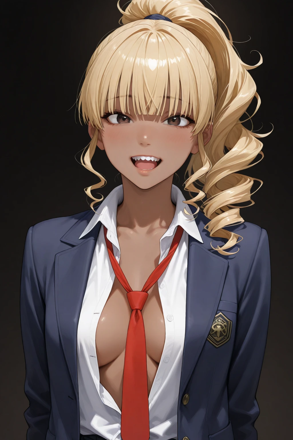  anime,
(1girl, solo), (beautiful detailed girl), 
Mariabell Crois, yellow hair, drill hair, twin drills, (long hair:1.1), very long hair,, hair ornament, orange eyes, medium breasts, earrings, necklace, jewelry,
smug, smile, blush, lipstick, masterpiece, best quality, highly detailed, a anime girls in sailor uniforms with a gun posing for a picture,
evil smile, smile, open mouth,black_serafuku, ecchi anime style, anime girls , (nsfw) not safe for work,
ecchi style, ecchi, shipgirls, digital anime art!!, high school girls, holding a gun, hold a gun, anime style 4
k, micro skirt, exposed belly, exposed navel, exposed midriff,
exposed lower belly,school, classroom