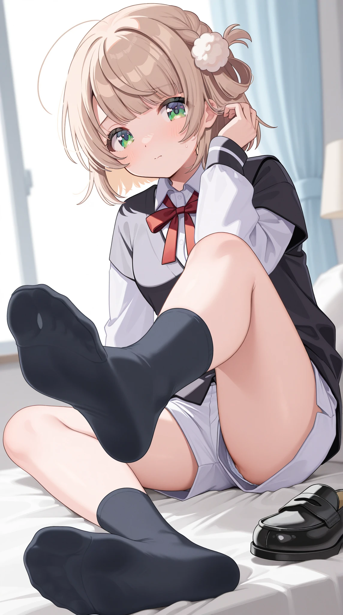a cute very young girl blushing, uncovered, spreading leg, highly detailed, best quality, masterpiece,