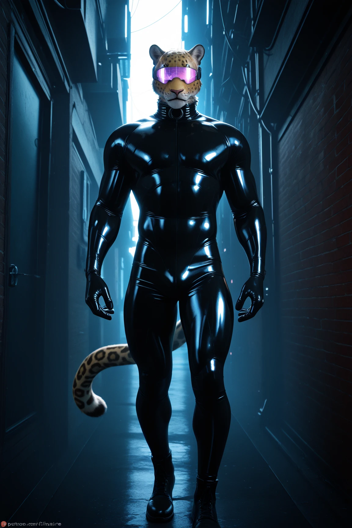 A masculine man in his 40s, slightly alien-like, with a naked blue body, in an abandoned church with lots of sun around him, and he'll be magnificent.. Let there be a lot of yellow colored creatures with ant heads and human bodies.