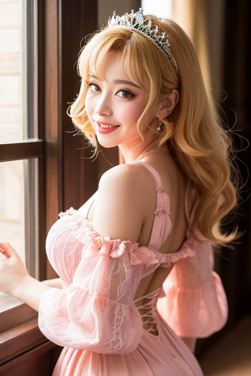 ((((1girl)))), ((anime)), ((sandy blonde hair)), blonde hair ((long hair)), ((((curly hair)))), ((ahoge)), ((pink hibiscus flower in hair)), (((((tan skin))))), (huge breasts) ((yellow eyes)), ((siren eyes)), ((cleavage)), ((thick thighs)), ((thick lips)), ((((wide hips)))), ((thick)), (((curvy))), ((thighhighs)), ((lace)), super detailed, ((dynamic)), ((smirk)), ((dynamic)), ((high angle)), ((indoors)), green and pink, pink room, girl room, ((kawaii)) room, Japan, hearts, ((hearts in the air)), pink hearts, blonde hair, sparkles, host, club scene ((closing her eyes)) ((smiling with her teeth)) ((doing price sign with hands)) ((on stage singing))