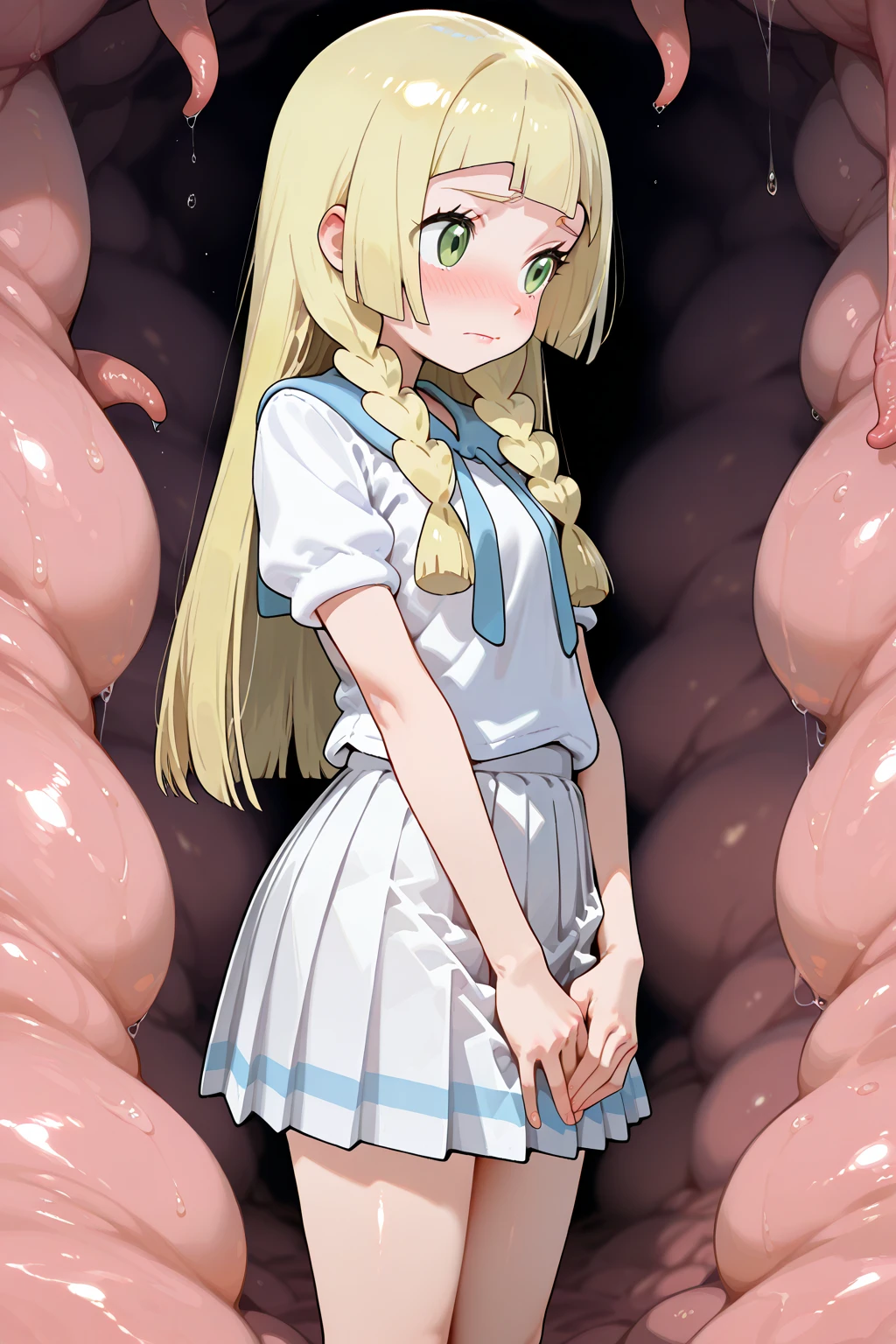 score_9, score_8_up, score_7_up, source_アニメ, masterpiece, 1girl, watahana, , blue dress, sailor dress, pinafore dress, white sailor collar,white shirt, red bowtie, long sleeves, flat chest, white pantyhose, loafers, indoors, shiny hair, cuteポーズ, Primary school students, Panty flashing, White underwear、(skirt full open), Long wide skirt、cute、blush、Watery eye、Lots of water、Wet、tentacle sex, Creampie、vaginal tentacle penis, missionary, saliva trail, (orgasm), Drooling pulls a thread、Semen overflowing、A lot of semen、Violent Rape、(Trembling)、Anime H、Anime Images、Tentacles inserted from the front、constrained、大量触手constrained、Tentacle insertion、Overflowing semen、Tentacle insertion中陰茎, ((uterus at viewer tentacle penis inserted into pussy from cross section looking through))