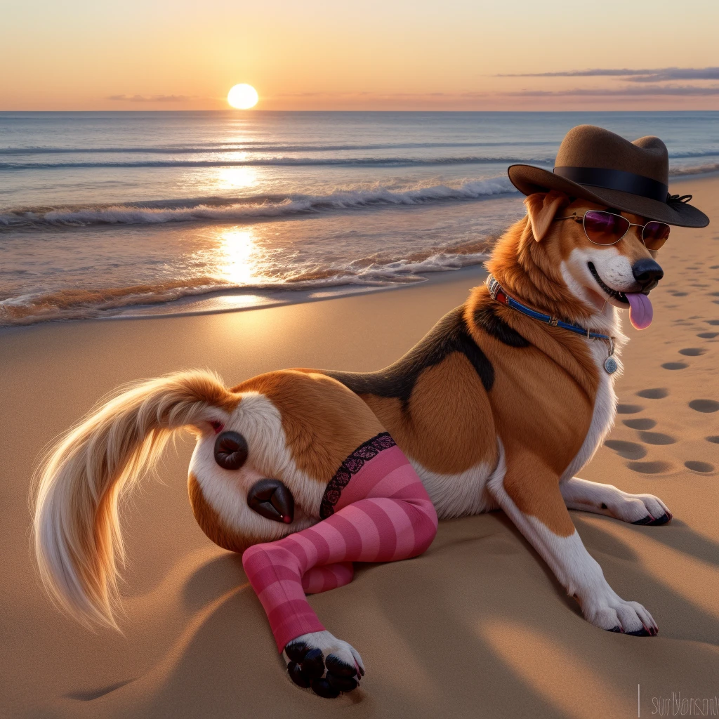 NSFW (nude) (Nami ((human)) large breasts, strip of pubic hair) rear view, doggy style fucking male furry Rottweiler with knotted penis, full body, on a deserted beach