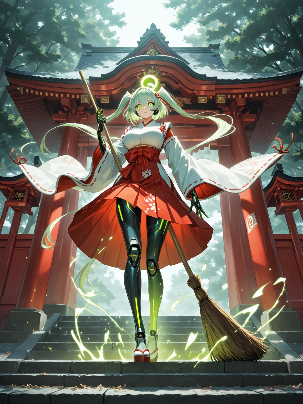 top quality, very detailedCG, high resolution, Crisp quality, Clear Focus, rich contrast, A beautiful cyborg shrine maiden, skin color and shape that can be mistaken for a human, big , beautiful face, Wearing red and white shrine maiden clothes, Sweeping the shrine grounds with a broom, Her eyes emit with line green LEDs, A cleansing spell with a light green band of light floating around her head, I can see electronic devices exposed on part of her arms and legs, the colorful kaleidoscope of light stars that she emits, 2.5d, shading Effects magic, Artistic Picture, Surreal, very detailed, Clear Focus and contrast, Very clear image showing from below the knee, (Super Detailed, Strengthen, Boost) Effects, (Brilliant Light and Shadows,  seamless , contrast, gradient) Effects, プロフェッショナルな照明Effectsの魔法, 