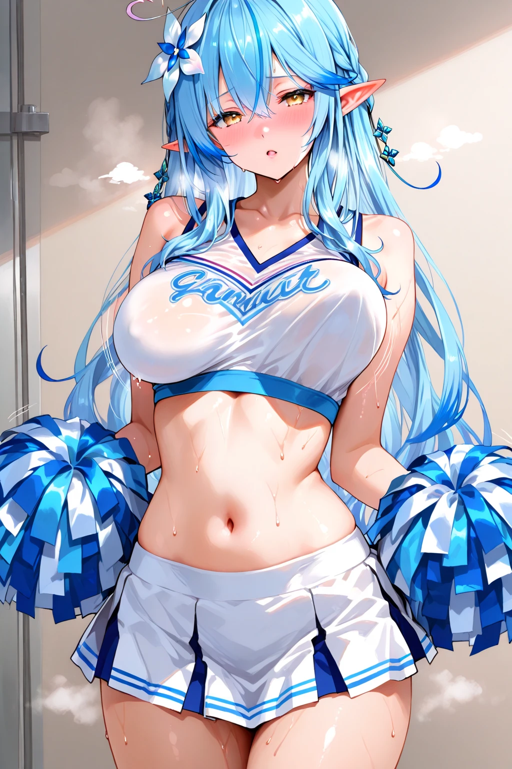 cheerleader, jumping, short skirt, large breasts, underboob, white pantie, sneaker, white background, ;d,