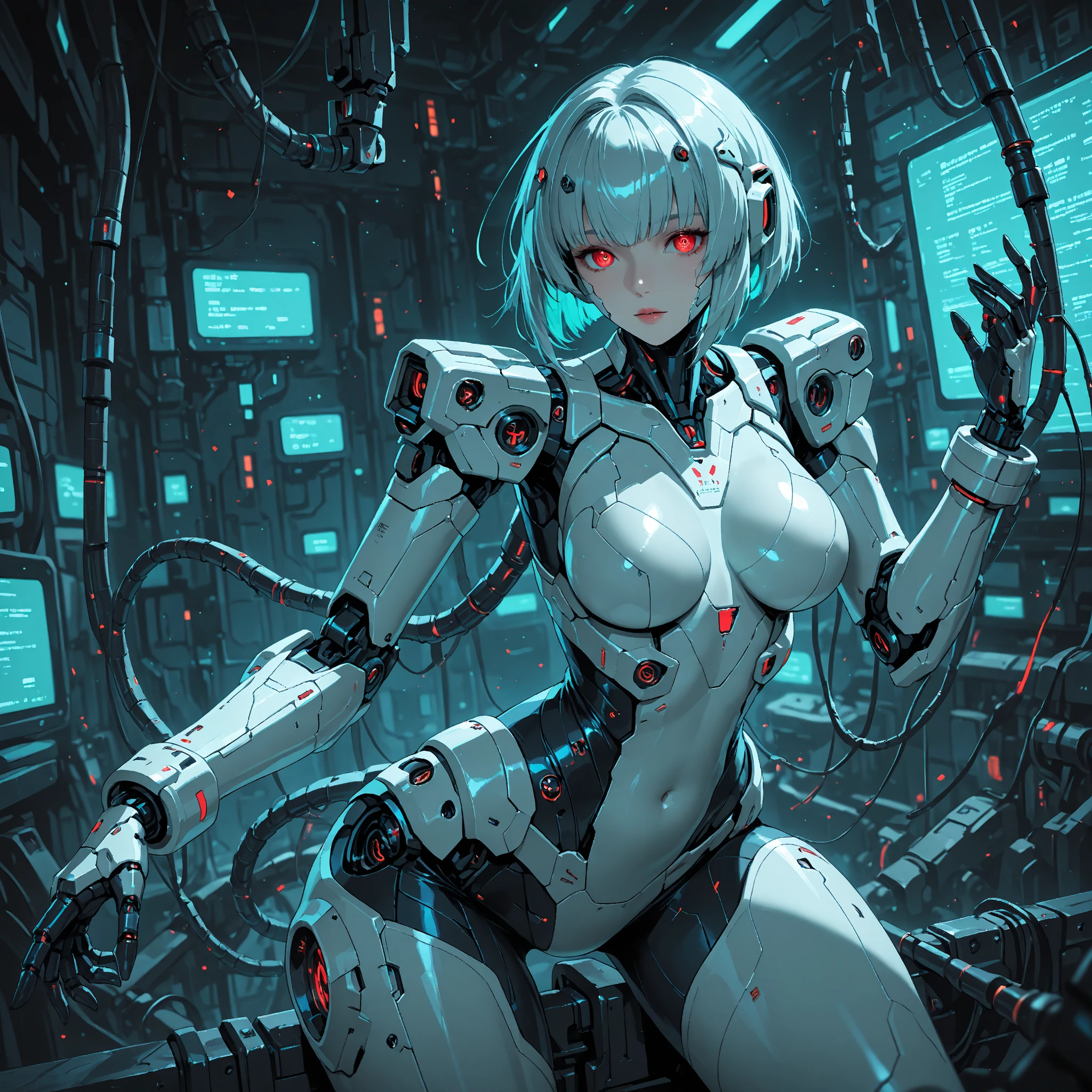(((masterpiece))), (((highest quality))), ((Super detailed)), (CG illustration), ((very cunning and beautiful)),(Cute Desktop Faces),Cinematic Light ,((1 Mechanical Girl)),solo,Full Body Lesbian,(Machine made joints:1.4),((Mechanical Limbs)),(Muscles burst),(Blood vessel attached to a tube),(Brain in a container:1.3), ((Mechanical vertebrae are attached to the back)),((Mechanical cervical spine attached to the neck)),((sit down)),(raised ),Expressionless face,(Wires and cables attached to head and body:1.5),Small underbust,Short fine hair,(Character Focus),Science fiction