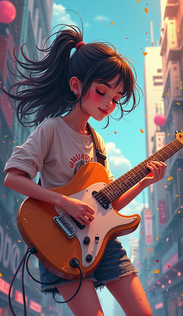 full body, walking pose, slow motion, emo girl rocking a guitar, heavy tattoo girl with gothic sundress, girl hair black and green highlight , (detail fabric clothing ), heavy metal and leather guitar stitched, tattoo on the chest, hair, short hair with tick bangs, detail face, ((highly detailed skin, visible pores, Short hair with necklace detail jewellery)), tone body, Small breasts, (insanely detailed, bloom:1.5), (highest quality, Alessandro Casagrande, Greg Rutkowski, Sally Mann, concept art, 4k), (analog:1.2), (high sharpness), (detailed pupils:1.1), (painting:1.1), (digital painting:1.1), detailed face and eyes, Masterpiece, best quality, (gothic makeup, eyes sahdow and smirking smile, sexy, skinny, thick bangs, beauty), (highly detailed photo:1.1), 8k, photorealistic, automatic white balance, mastoid process, invisible hand, HDR, ((detail background, big concert stage, live performance mucis festival, rock band)), By jeremy mann, by sandra chevrier, by maciej kuciara, sharp, (perfect body:1.1), realistic, real shadow, 3d, (by Michelangelo)