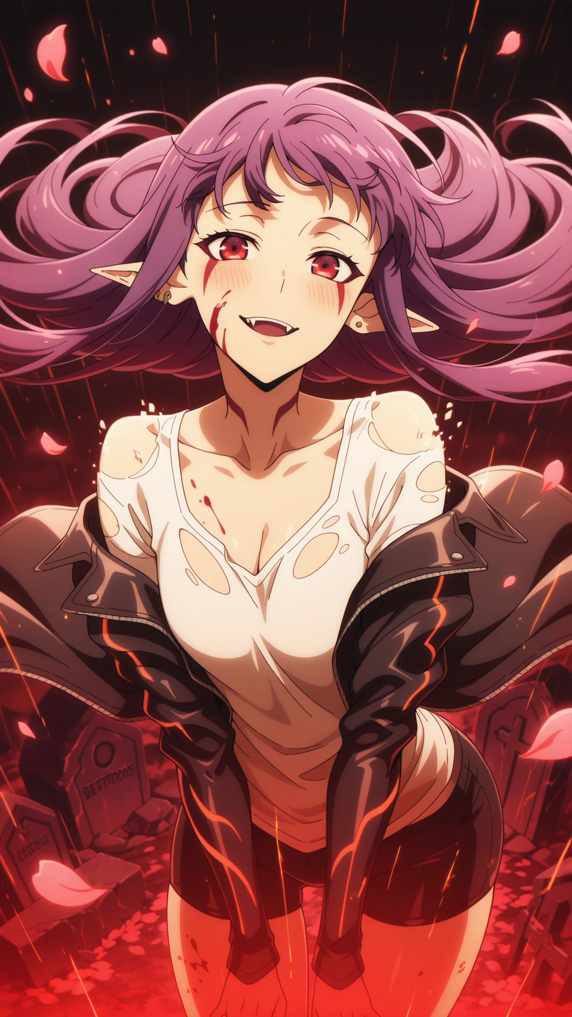 BREAK (masterpiece:1.2), best quality, high resolution, unity 8k wallpaper, (illustration:0.8), (beautiful detailed eyes:1.6),Futuristic cemetery where holographic tombstones flicker under acid rain, augmented mourners in LED-kimonos kneel before AI shrines,Neon cherry blossom petals dissolve into static as they touch the ground, while the ghosts of deleted avatars flicker between mausoleum servers,Esil Radiru, earrings, pointy ears, purple hair, red eyes, fangs, facial mark,black leather jacket,white short t-shirt,naval,cleavage,collarbone, bare shoulder,tight shorts,floating hair,blush, seductive expression,piercing,chocker,cowboy shot,arched back,looking at viewer,blood on face,blood on body,smile
