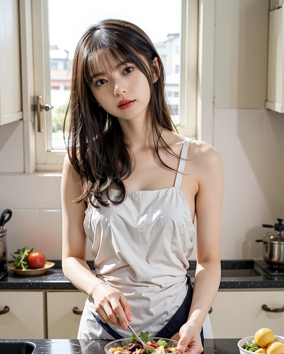 Young wife in the kitchen、Super detailed、Particles of light:0.5、Shiny and smooth skin texture、Reach for the counter、Beautiful Eyes、dorsal position、Mouth half open、Natural Texture、Long Wavy Hair、、Mature slender beauty、Small breasts、Dignified face、Boyfriend Shirt、Belly button、slouch、Small breastsの谷間