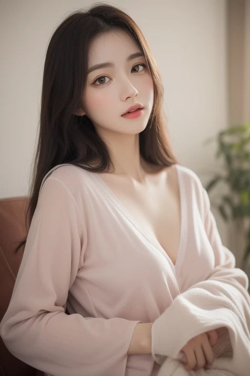 highest quality、4K、Perfect Face、Perfect Style、perfect body、Sunburn、beautiful lady、mature、long curly layer brown hair、Swept-back hair、full body, sexy 、charming、healthy、of the highest quality、8K、Photorealsitic:1.4、Raw photography、超A high resolution:1.4、Top image quality: 1.4、absurderes, master piece, Ultra-detailed、in night、Sitting alone on the sofa in the living room、Sleepily in towel material border pajamas、Bulb light from above、