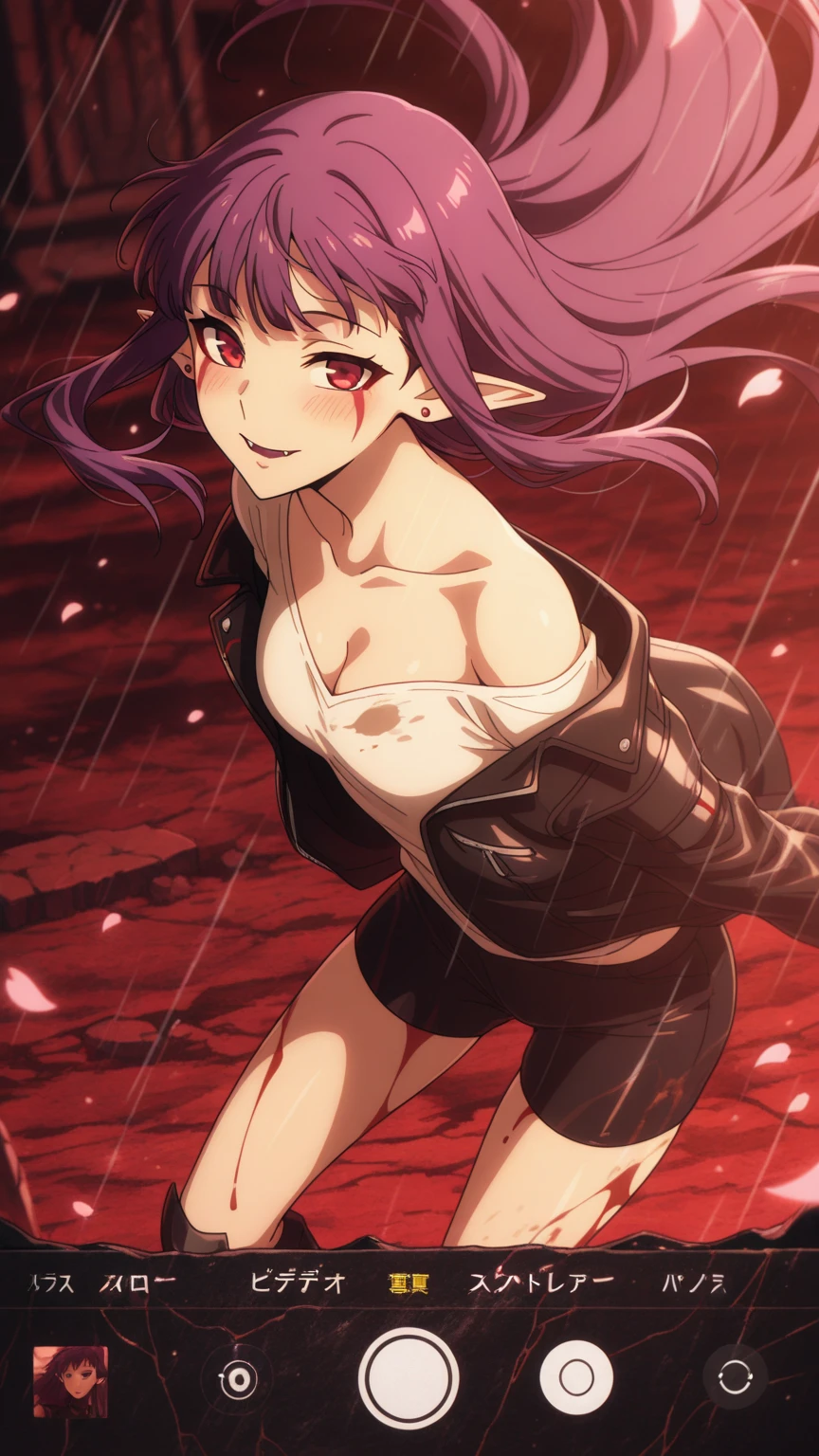 (1 girl from an anime with purple hair), (((on the beach with the starry sky and blood moon in the sky))), 1 girl, alone, yellow eyes, purple hair, looking at me, ((last)) , Wearing bikini shorts, (((side ponytail))), (((toned legs))), thick muscular thighs, slim waist, muscular stomach, hands on hips, bare feet, (standing), breasts midrange, eye reflection, glowing eyes, bad mood, anime, anime style, cinematic lighting, ray tracing, Canon, panorama, 8k, UHD, masterpiece, accurate, anatomically correct, super detail, high quality, high resolution, HD , 16k