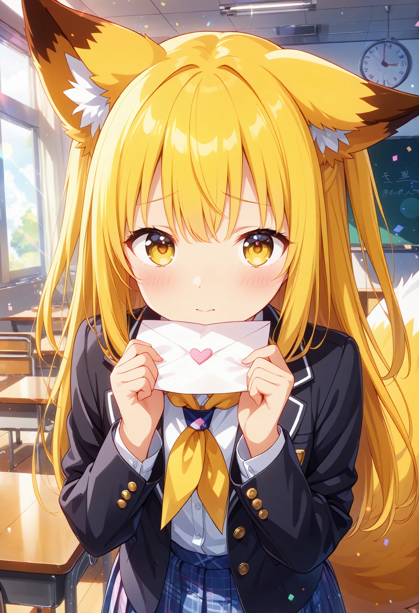 (masterpiece, top quality), (colorful),one person, fox ears,fox tail,yellow long hair,Yellow Eyes, is shy、((Having a love letter、Hold out )),classroom, uniform,skirt、student、super precise illustration, Highly detailed , dynamic angle to listen to orders, BEAUTIFUL DETAILS, 8k, (high resolution), Anime Style,cute,clean and clean,lens flare ,looking at viewer、Heart pounding、((Close Range))、Youth、