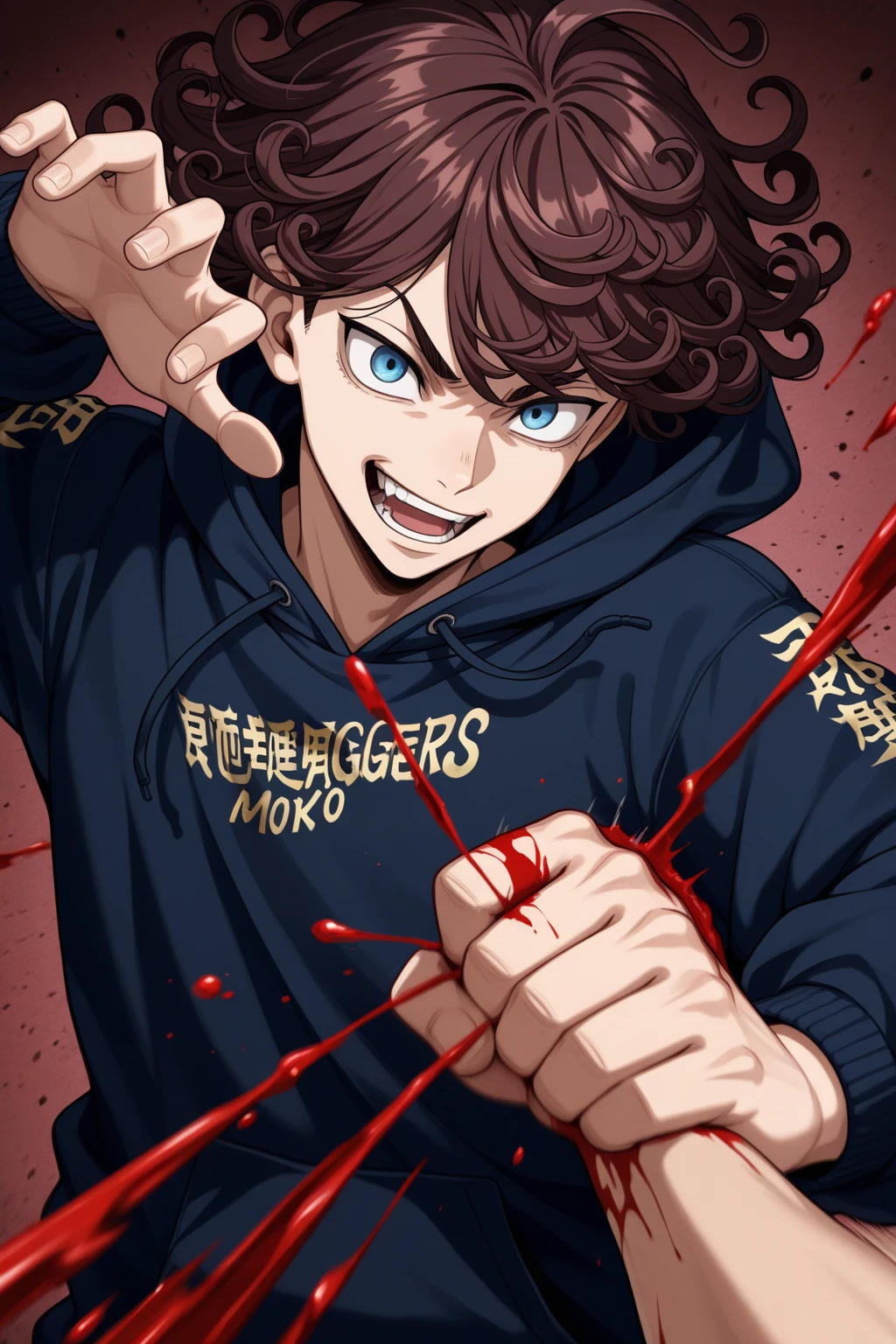 He is a 16 year old teenager, He has slightly disheveled dark brown hair..., somewhat light brown eyes, He has a black heart-shaped spot on his left cheek that is quite large..., It is something serious, He has a somewhat exercised body, He is dressed in the anime uniform. "my hero academia", Black tentacles emerge from his back and grab him.