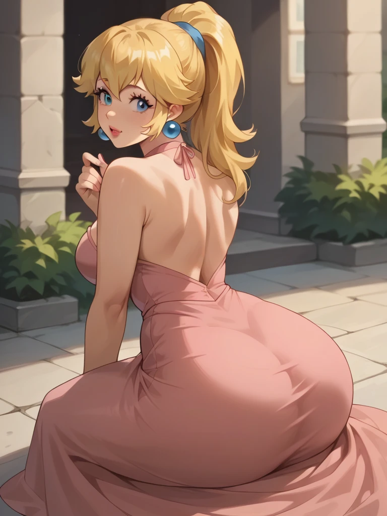 blonde Hachimiya Meguru with twintails, a very detailed face, blue eyes, a pink tight simple dress with very large breasts, a slim waist, slim hips, a very deep cleavage, golden necklaces and a golden choker. She is stadning with her back and butt towards the viewer while looking back at the viewer. She is stadning in front of a bed in a palace bedroom.