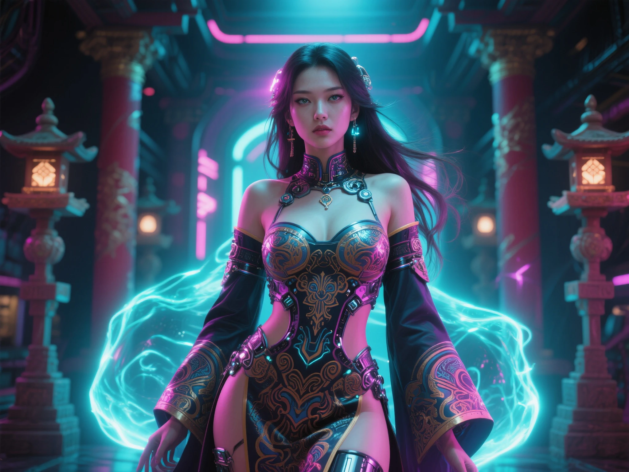 ((cyberpunk goddess)), ((rainbow shiny face paint)), (intricate tattoos), ((ornate jewelry)), ((rainbow hair)), (((laser colors:1.1))), (((colorful smoke))), ((ultra-sharp details)), ((stars)), (((shimmering shine effect:1.2))), (((sharp focus))), (((full body:1.3))), udr, uhd, SFX, 32k, Feast your eyes on the number, Realistic execution of the photo, Award-winning level + Playing the best visuals, Perfect shooting, Get an eye-catching movie poster! Clear Focus, Depth of field.