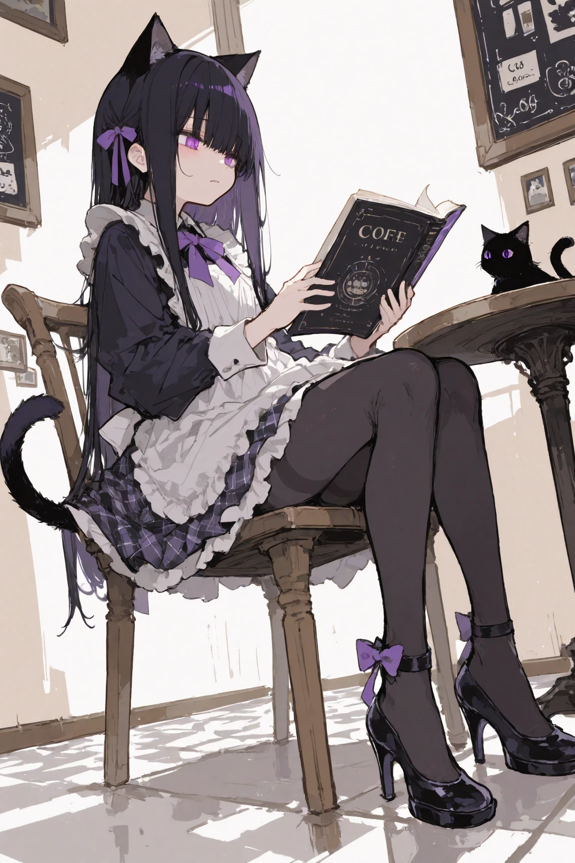illustrationstration, best quality, dramatic lighting, r17329_illustration, U.S. Navy, masterpiece, best quality, [8k, high resolution, super detailed, [Hall, UHD, illustrationstration, best quality, pop art,
, 1 girl, black long straight hair, purple eyes, purple bow maid costume, bow tied behind the maid costume bow ribbon long to the floor, ruffled dress, high heels, black stockings, ribbon, cold expression, indoors,, cafe plaid wallpaper, soft lighting, sitting in a cafe chair reading a book, cold expression, black cat tail swinging