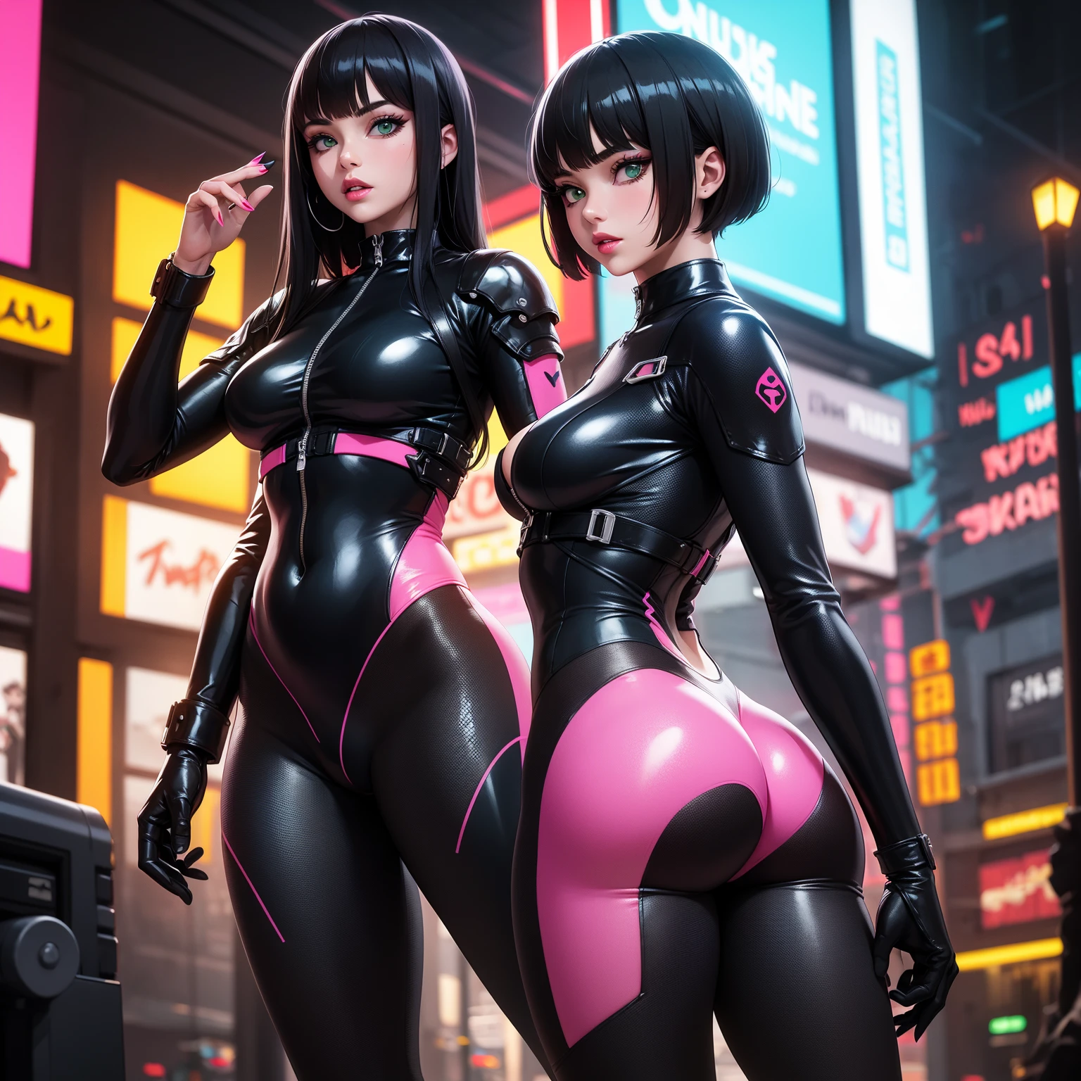 A cute woman ( sexy skin suit, a few cybernetic data-ports mar her skin, neon chrome color scheme (random color)) posing next to a matching cyber super car, future tokyo