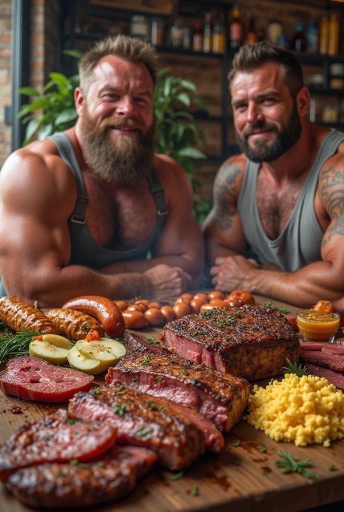 Sitting at the table on the terrace with a concrete floor A fat man with a pig's head, an albino man with a sparse mustache and a man with a dog's head, who is brown and hairy toast with alcohol, while in front of them are grilled dishes, meat is charred fried. Everyone is grinning drunkenly toasting in the background with a darts board and 2 Rottweilers lying on a couch