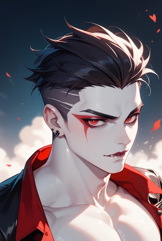 A man with black hair with red tips, he has one eye closed and the other eye is red and he has scars on his face.