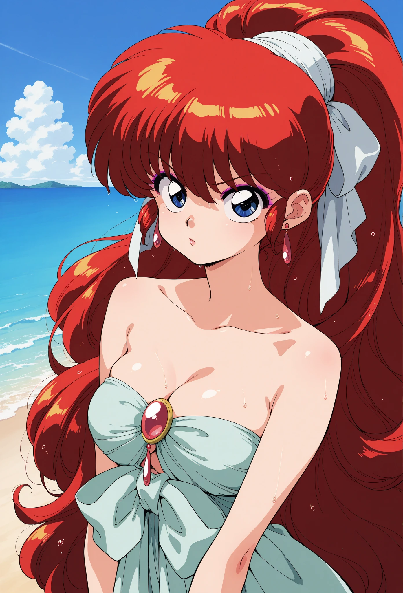 masterpiece,best quality,highres,<lora:Princess Kakyuu:0.6>,Princess Kakyuu,1990s \(style\),makeup,1girl,red hair,retro artstyle,solo,hair rings,red eyes,forehead mark,cowboy shot,swimsuit,beach,ocean,sunlight,