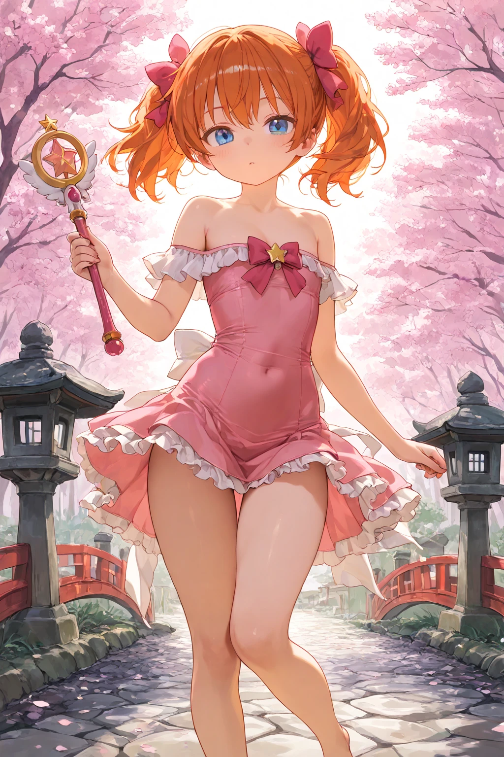 Anime girl with pink hair and rabbit ears with a pink leotard, pink eyes, shy blush,uncovered legs,uncovered thighs.full body, barefoot, feet,