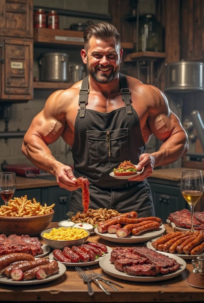 A muscular man wearing a cute housewife apron. cooks meat in the kitchen