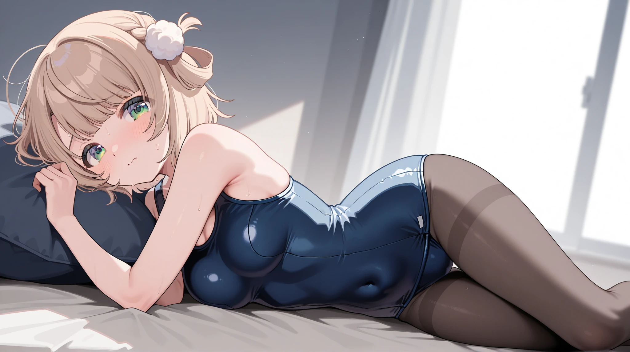 NSFW、Highest quality、(Bunny girl)、tights、High heels、Glossy Bunny Suit、Sitting on the floor、((Spread your legs wide))、Show your crotch、No background、Silver short hair、Beautiful Eyes、Beautiful Face、Delicate eyes
