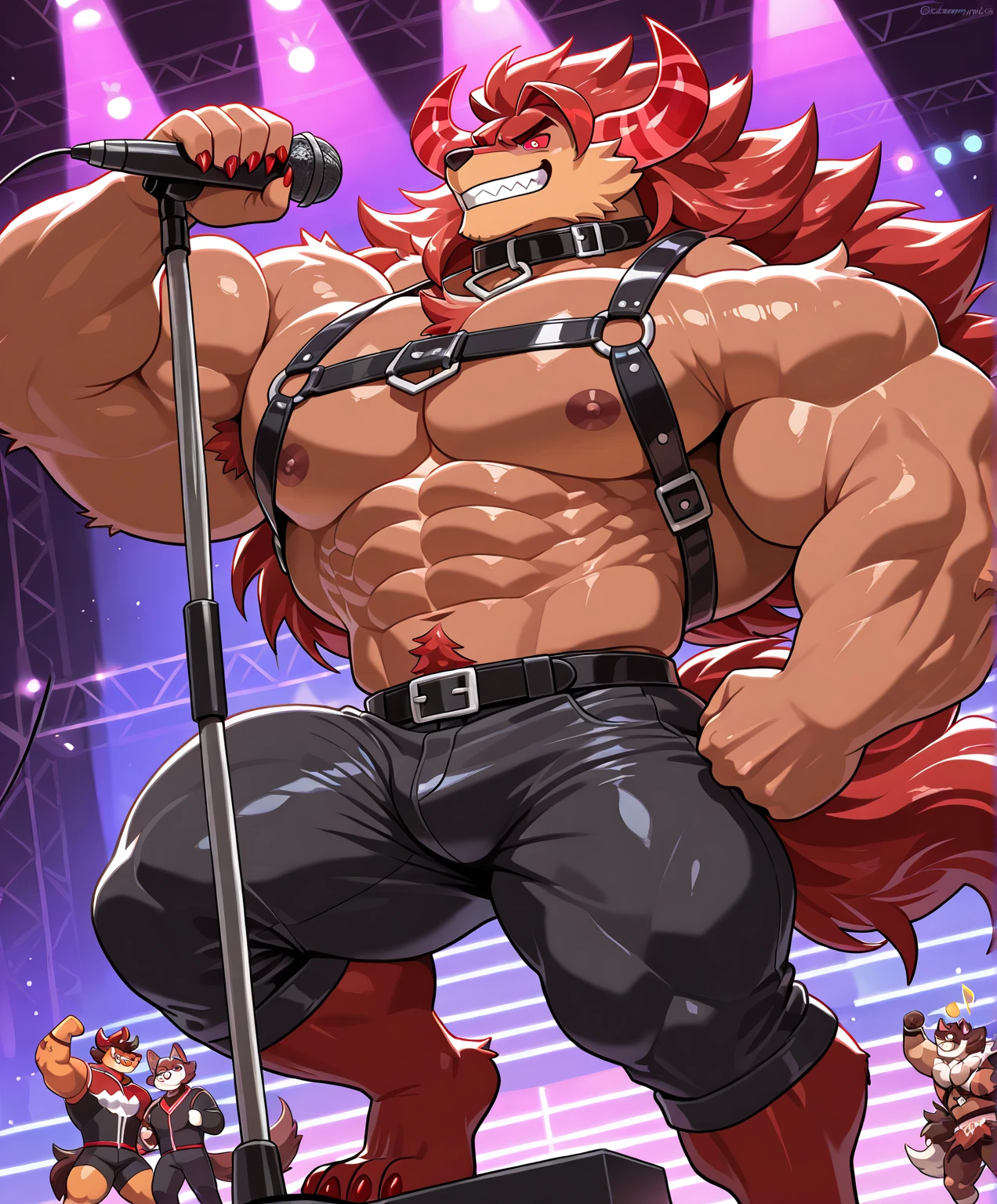 Glamrock overly muscular adult Freddy wears a black jockstrap singing with a microphone on a stage with a confident sexy and flirtatious look