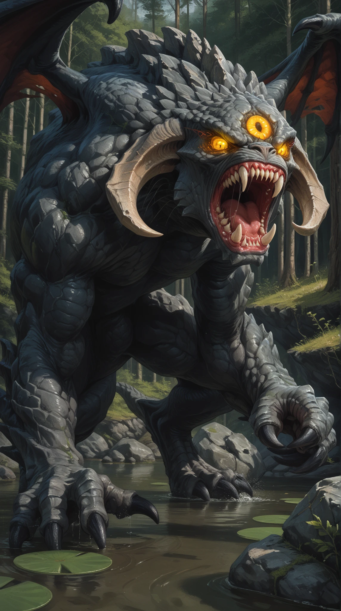 breathtaking, surrealist, very detailed, maximum fidelity, extremely high details, Ultra HD, Panavision Millennium DXL2 8k Professional RAW Photo Giant rock monster emerging from the glowing reflection of a mountain, RTX on, underground spawning, Dynamic HDR tone mapping, volumetric lighting, screen space reflection, Physically Based Rendering, Unity World Environment Tree