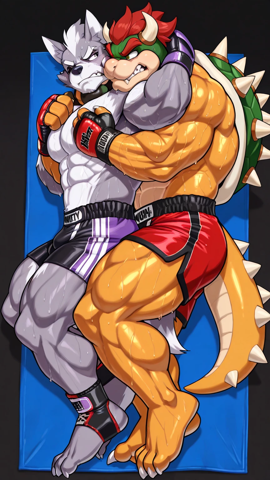 Duo male fighters(Green Gator vs Brown Kangaroo, handsomes, perfect eyes, Thick eyebrows), beso gay(Cuddling embraced, lying down on, side perspective, squeezing penis, in a UFC match), hot(Full body, shirtless), handsomes(They are handsomes, correct anatomy), musculosos(Big muscle bodies, Six packs, muscle abs, big pecs, muscle legs, muscle backs), sweaty(very sweaty wet bodies), tatuajes(they have tattoos), Angry(They have an angry expression), UFC gloves(They both are wearing UFC gloves), Naked(NSFW, naked, cocks, penis), Hight resolution