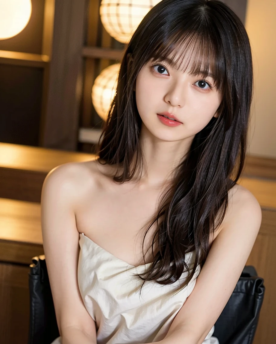 (((Masterpiece))), (High quality), (1 Beautiful Japanese girl), 21 years old, bangs, black straight long hair,she has big breasts, naked,nipples, (the background is plain:1.5),facial ,bukkake