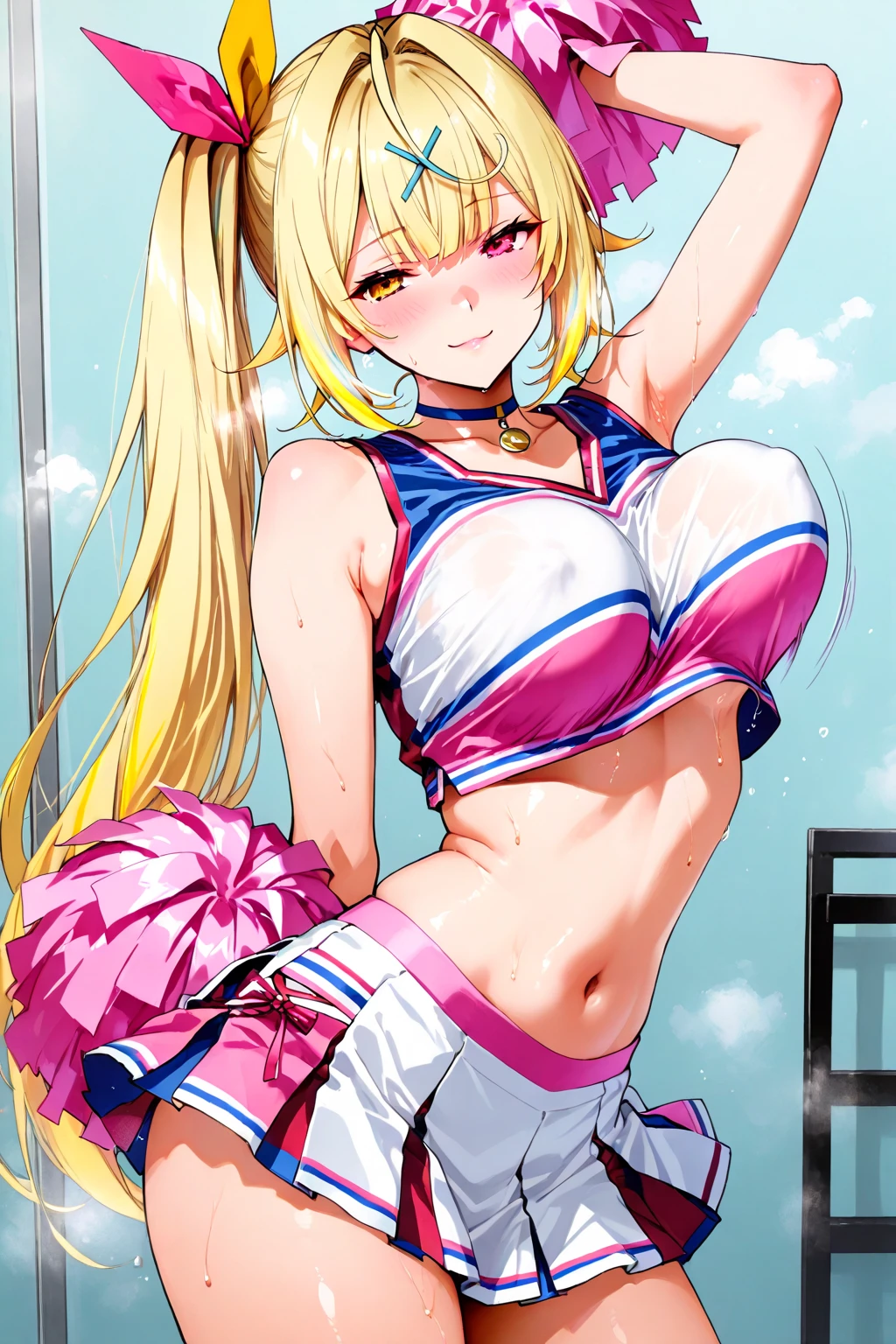 Masterpiece ,best quality , high resolution , (1 girl solo:1.38) , (mavis, long hair, blonde hair, (green eyes:1.5), ahoge, wavy hair, animal ears,) , (cleavage:1.2) , (medium breast:1.28) , (wear baseball hat , belly , navel , sport top , sport short , stockings ) , (arms behind back . hands behind back) , (cleavage:1.15) , (big breast:1.1) , (face view , look at view ) , (outdoor , Baseball field,race,streamers,victory,celebrate) , (standing , Legs , thighs , cowboy shot) , ( full face blush , shy , smile , open mouth)
