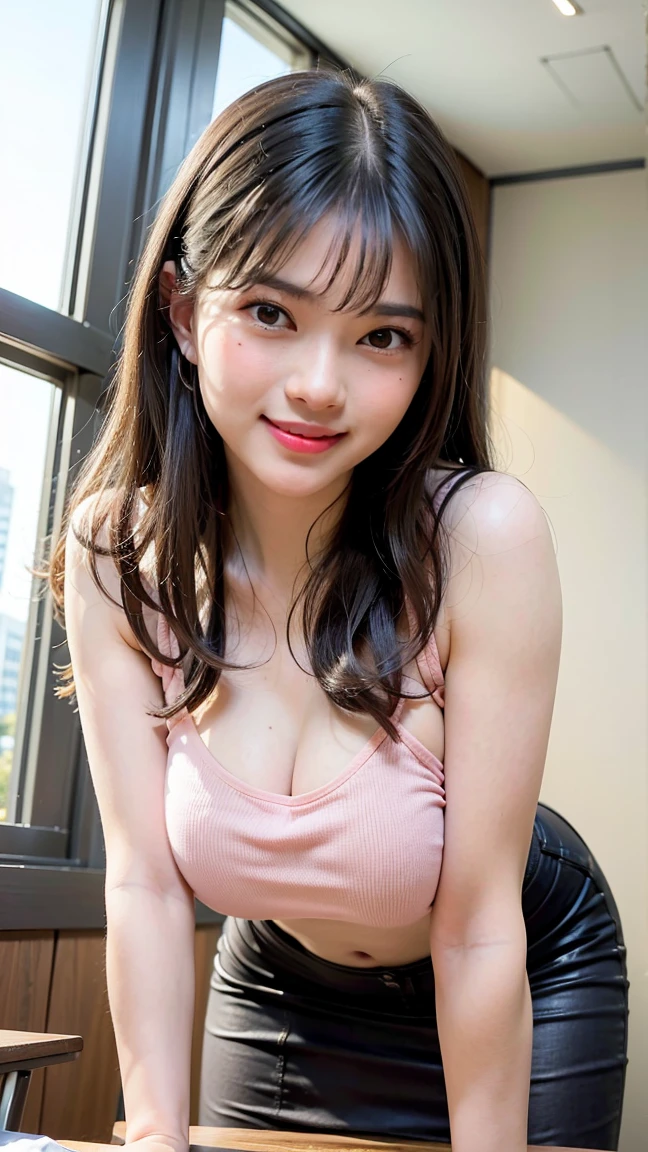 ((8K、RAW photo、highest quality、masterpiece:1.3))、(genuine、フォトgenuine:1.37)、(squatting down:1.1)、japanese woman、1people's women、Slender beauty、high ponytail、camisole、cleavage、indoor、super detailed face、highly detailed eyes、double eyelid、smile、background blur
