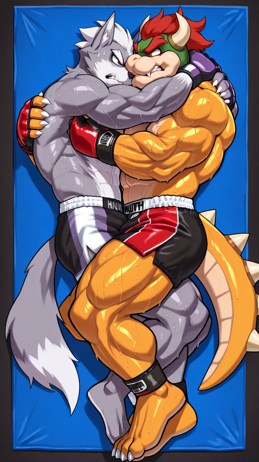 score_9, score_8_up, score_7_up, rating_rule34,source_furry,anthro,source_3D, yellow wolf and white wolf
anthro.
male.
Uncensored.
Unreal Engine.
red eyes.
looking at the camera.
muscular.
fighting ring in the background.
Nude.
duo:1.1.
night with full moon. (sex backwards) nude (penis, balls, big penis), (Gay sex) (condom) (((anal sex))), , (((anal penetration))), (duo) (four:1.1 position)(on floor), (on all fours:1.1), (looking at the viewer)
