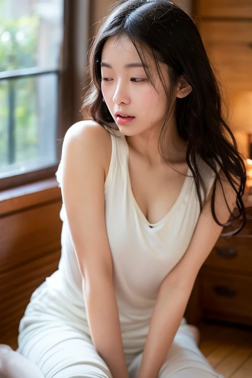  ((Extremely precise and accurate anatomy:1.0)), (photo Realistic:1.4), (hyper Realistic:1.4), (最高品質のRealisticな肌の質感:1.4), (Improvement of quality:1.4), (Enhances the beauty of skin texture:1.1), Clean and glowing skin, mesh, thin:1.2, (Realistic:1.3), Realisticなライティング, (Smoother lighting:1.05), (Improving the quality of cinema lighting:0.9), Backlight, A gentle light on your face, Ray Tracing, (Bright light:1.2), 32K, One Japanese woman, fine grain, Detailed face, (Film Grain:1.1),(Accentuates body lines:1.1), High resolution, Natural look, Kind eyes, Improves hair quality, Delicate light and shadow, Transparent muscles, Graceful pose, Beautiful Eyes, Sharp details, Soft light reflection, Beautiful contours, Delicate skin tone, Fine hair texture, Natural background,  Looks very tired、(((A loose-fitting camisole))),barefoot,One Girl,Realistic,Bedroom、Looks sleepy
