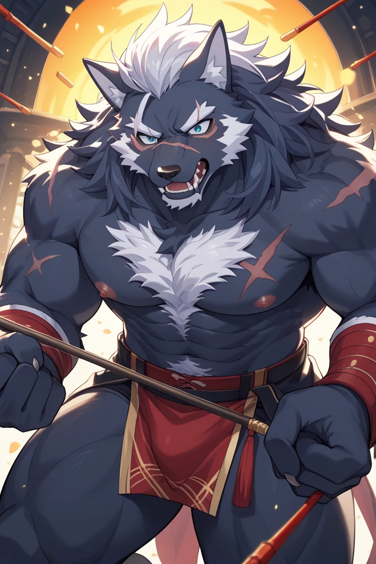 Solitary,Masterpiece high quality,(Delicate eyes),毛茸茸的公wolf,((wolf)),Huge muscles,Huge body,Looking at the audience,Japanese cartoons,Viewers,Show muscles,((warrior)),night,moon,Growth,(author:null-ghost),Pino Deheny