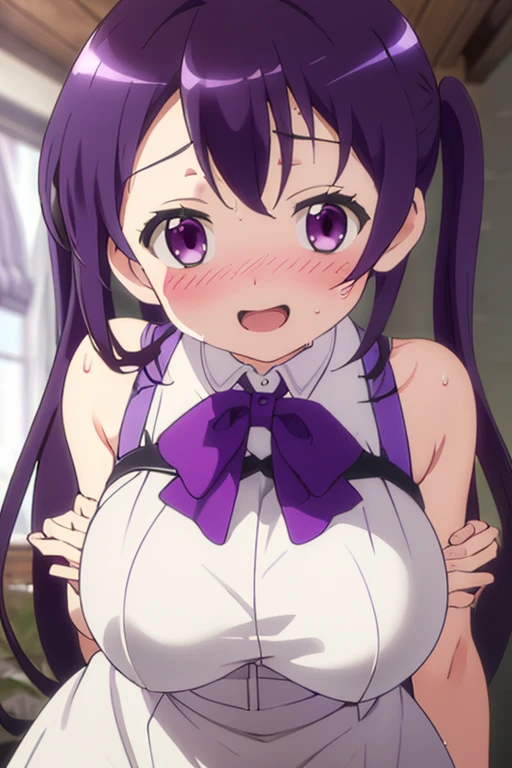 best quality, masterpiece, highres, solo, {tedeza_rize_istheorderarabbit:1.15}, purple_hair, long_hair, twintails, purple_eyes, bangs, hair_ornament, blush, hairclip, hair_between_eyes, closed_mouth, indoors, 1girl, bow, bowtie, looking_at_viewer,bra ,tight panties smile, breasts