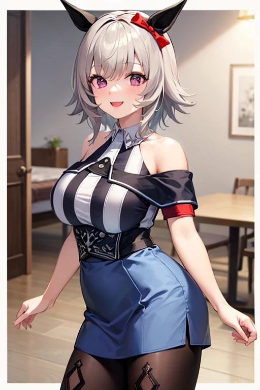ultra-detailed,(best quality),((masterpiece)),(highres),original,extremely, 1girl, solo, blue eyes, gloves, multicolored hair, breasts, red hair, simple background, smile, looking at viewer, dress, streaked hair, hand on hip, cleavage, short hair, hair between eyes, black gloves, bangs, hair ornament, clothing cutout, bare shoulders, grey hair, two-tone hair,closed mouth, double-breasted, elbow gloves, medium breasts, buttons, black dress, belt, <lora:tuopax_xl-000008:1>