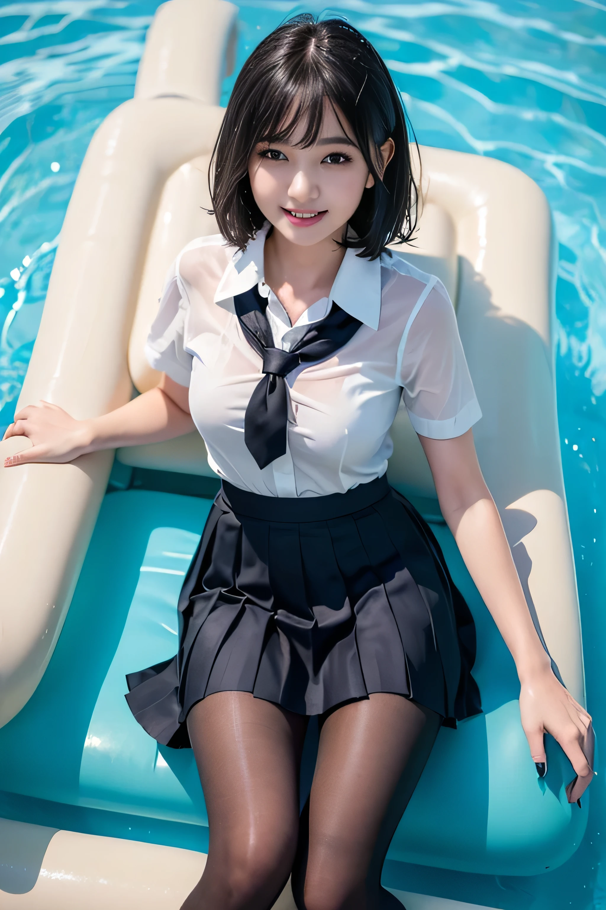 (((Beautiful girl in her riding a large float floating in the pool)))、(((She is wearing a bikini top、wet bob hair、Wet hair、pleated skirt、Black pantyhose)))、smile、( absurdly,high quality , Super detailed)、(See photographer )、water droplets、(((cute pose)))