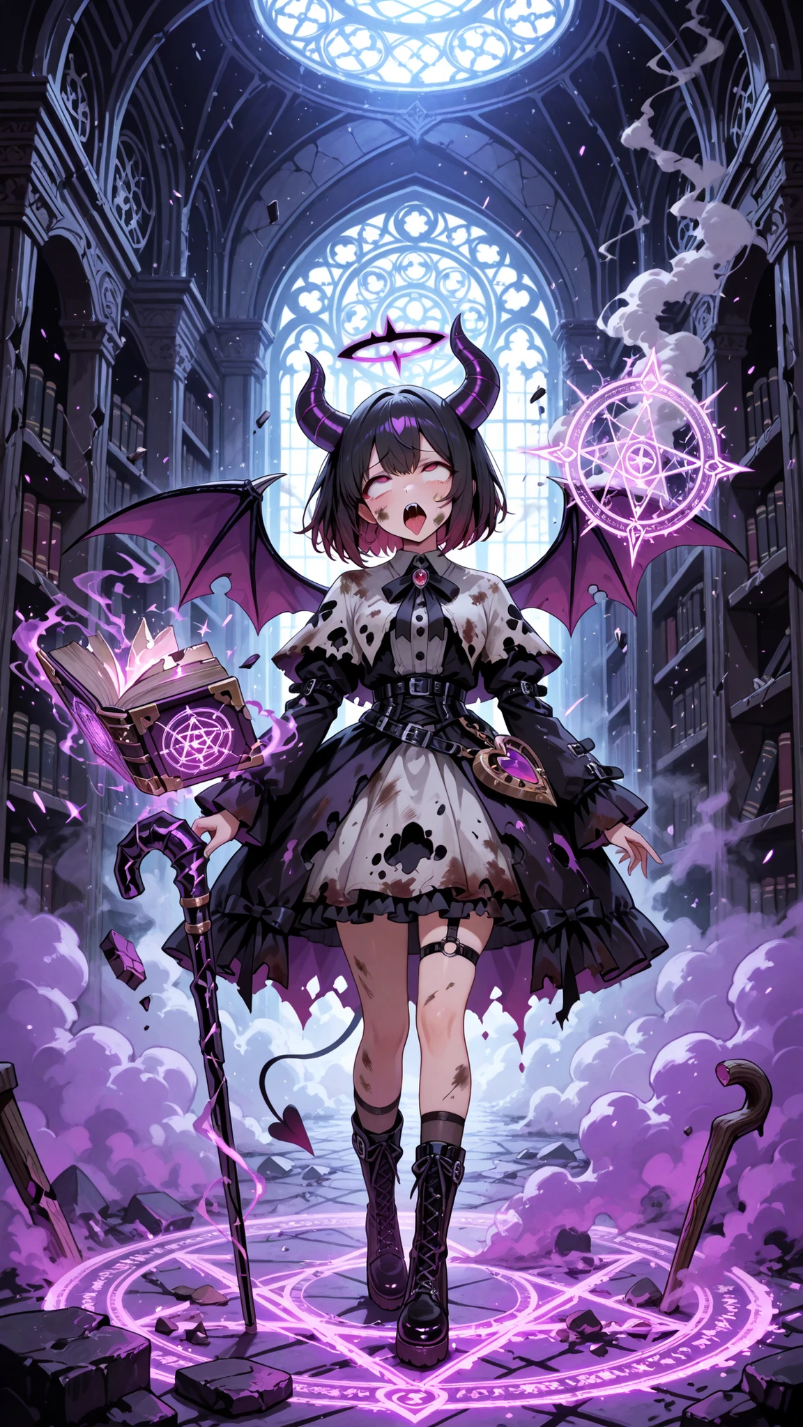 Ultra High Definition, Masterpiece, Perfect Details, SD Character Demon, Outburst Magical Light, smoke, Large teary eyes, Cute Devil's Wings, Dirty Mage Clothes, Rolling eyes, Scattering Magic Book, Broken cane , Purple Magic Circle , Gothic Library