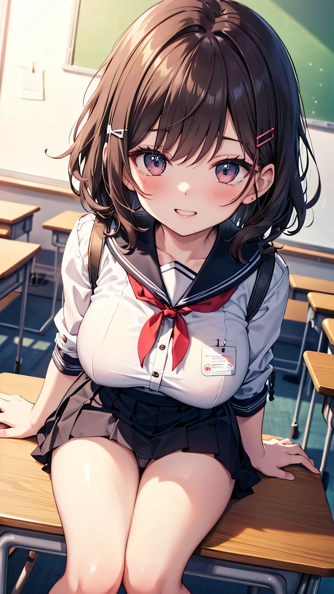 masutepiece,Best Quality,ultra-detailliert,8K,tall,Big female,huge-breasted,年轻,20 years old,Medium Hair,Wavy Hair,Brown hair,hair clips,lightsmile,blush,tusk, POV, Fisheye,(Panties:1.1), School uniform, crass room, From below, Dynamic Angle, School Desk, school chair, Sitting, Spread legs, Skirt, view through desk, viewed from under desk, lightsmile,