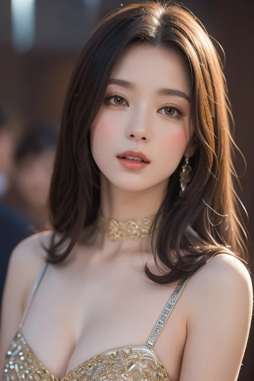 floral print, (night cityscape background:1.5), (1girl:1.6), long hair, ulzzang-6500v1.1, (orginal: 1.2), (realistic: 1.3), beautiful girl with beautiful details, extremely detailed eyes and face, eyes with beautiful details, absurd, incredibly absurd, huge file size, ultra detail, high resolution, ultra detailed, best quality, masterpiece, illustration, ultra detailed and beautiful, ultra detailed, CG, unity, 8k wallpaper, amazing, fine Detail, masterpiece, top quality, official art, extremely detailed CG unity 8k wallpaper, cinematic lighting, (perfect shiny skin:1), slim and smooth lineloating), diamond earrings, (upper body:2), (small breasts:1.2), (yangmi:1.5), medium breast, nude, nipple pink red, nipple small