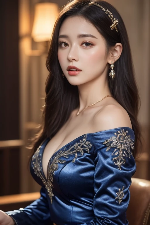 Absurd, ultra-detailed, high quality, masterpiece,  detailed face, beautiful eyes(detailed eyes), Greek mythology, Goddess, Hera , the queen of the gods, striking and captivating, features are classically beautiful, with high cheekbones, a perfectly proportioned face, eyes depicted as large and captivating, hold an intense gaze, dark brown hair , hair is luxuriant and flowing, cascading down her back in waves , (small breasts:1.2), wearing elegant robes adorned with intricate patterns , Her beauty is not merely superficial but embodies the essence of power, authority, and regality.